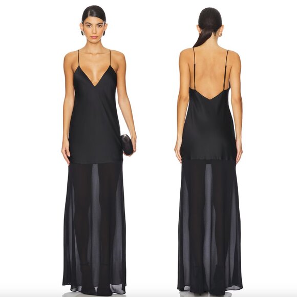 SEROYA Vienna Satin Maxi Dress in Black Silk Slip Medium M - Picture 2 of 2